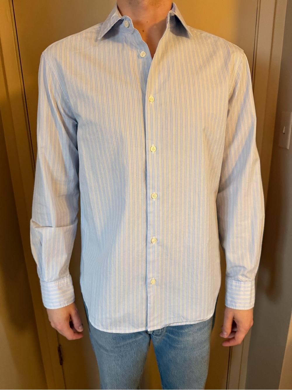 Zara Men's Blue and White Striped Dress Shirt